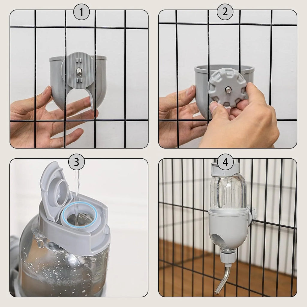 Blue small animal cage water bottle with stainless steel nozzle, shown next to a guinea pig.