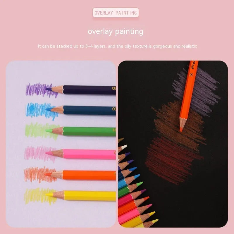 Set of wooden colour pencils showing double-headed brush and colour lead tips, available in 6 or 12 piece packs.