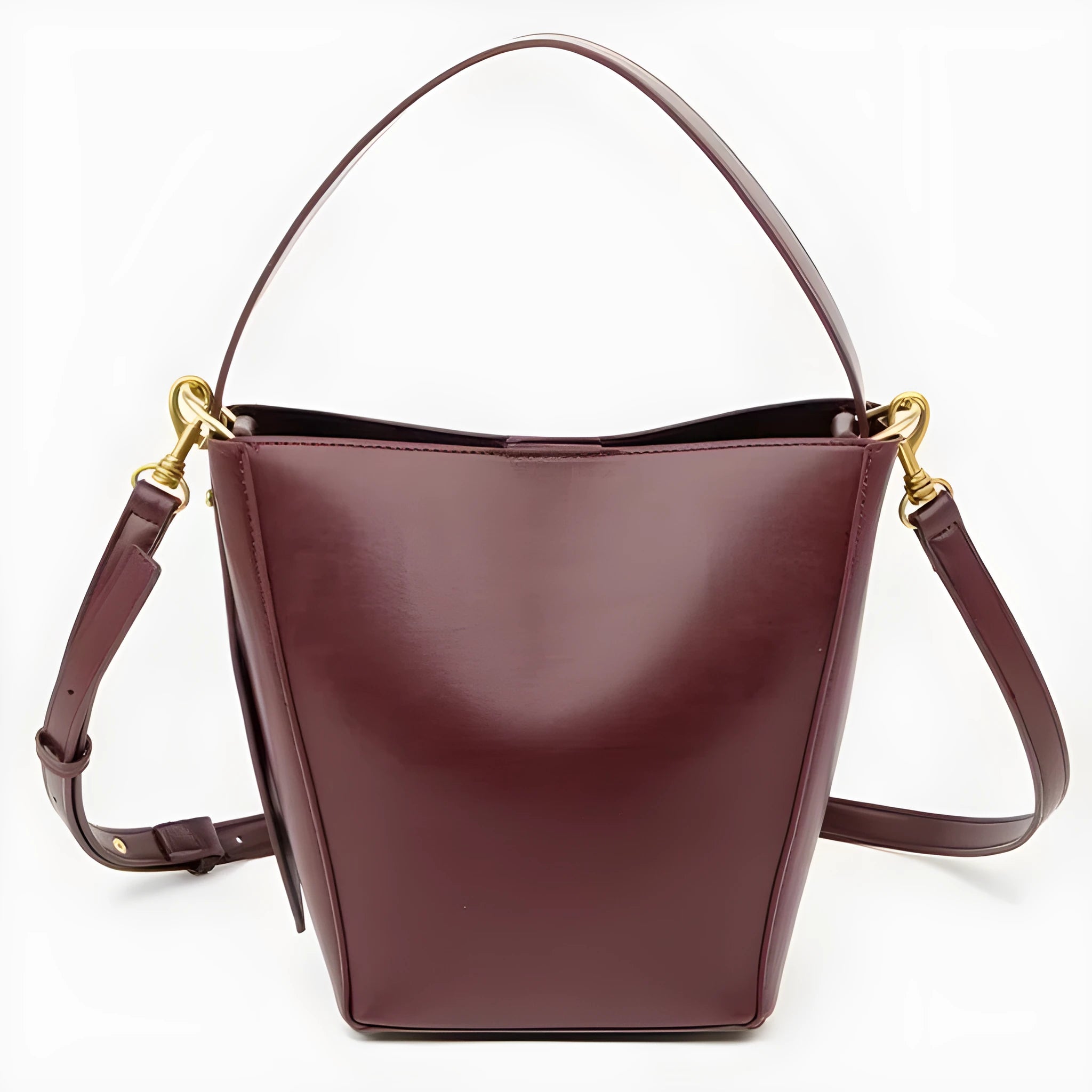 Urban minimalist bucket-style crossbody shoulder bag in PU with three-dimensional outer pocket, black colour option, flat lay view