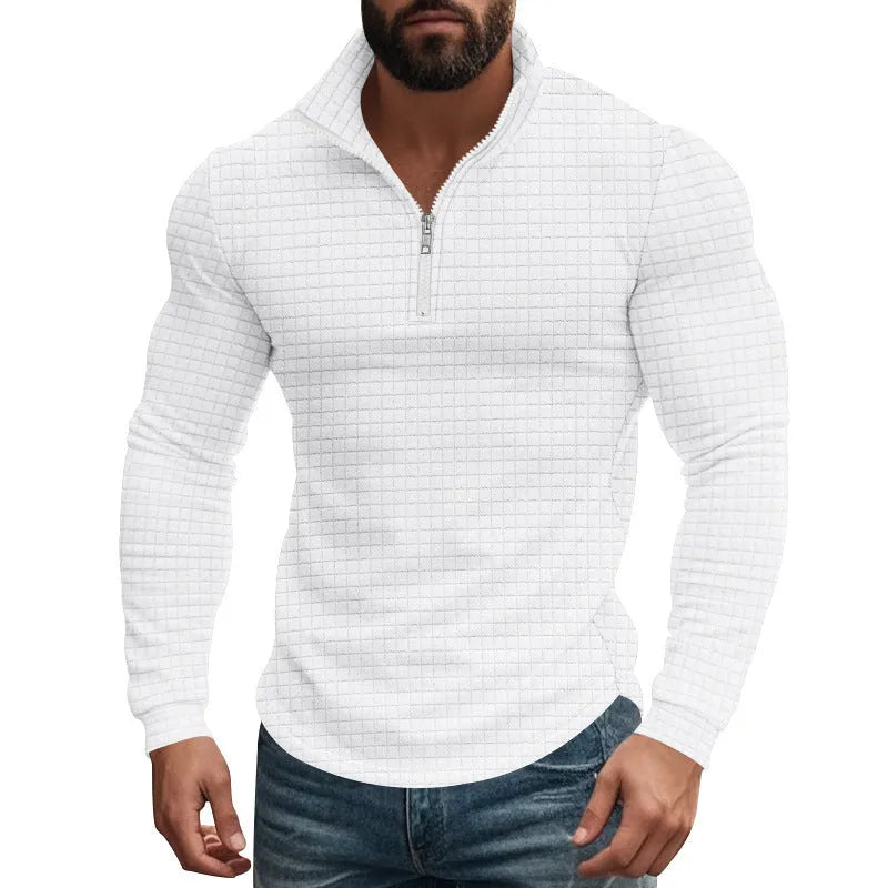 Half zipper small plaid casual stand collar long sleeve sweater in army green on white background