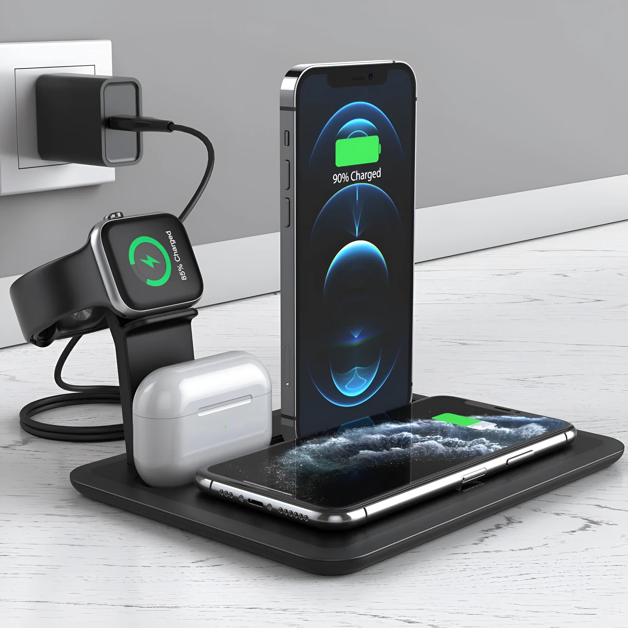 Black and white wireless desktop charger for phone, watch, and headphones.