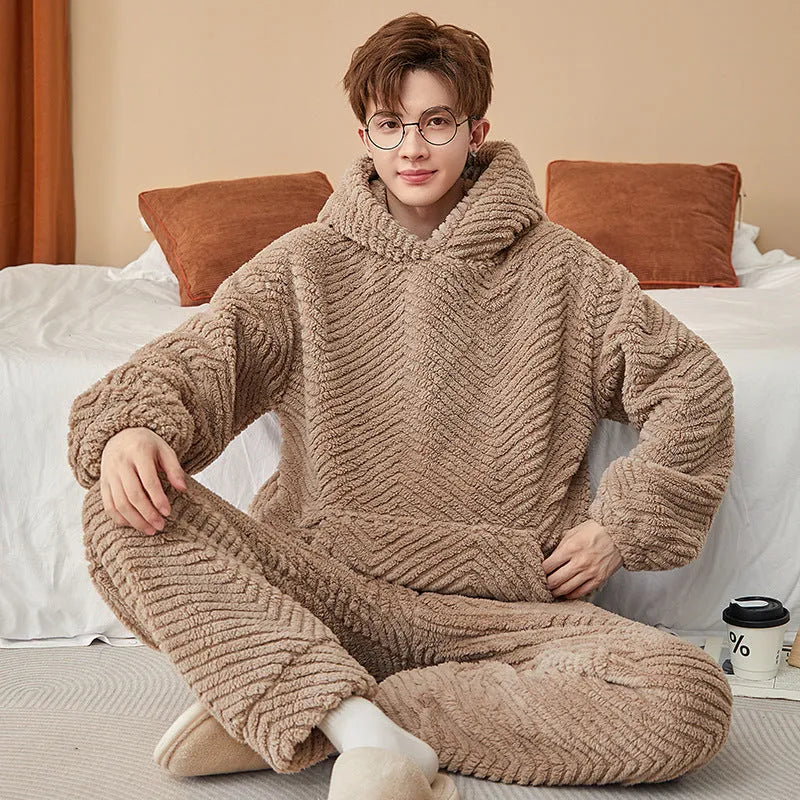 Men's coral fleece suit in gray with top and trousers, Japanese-style casual homewear