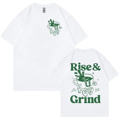 Loose fit men's cartoon t-shirt with Rise And Grind Green Coffee Fun Expression Bag graphic print.