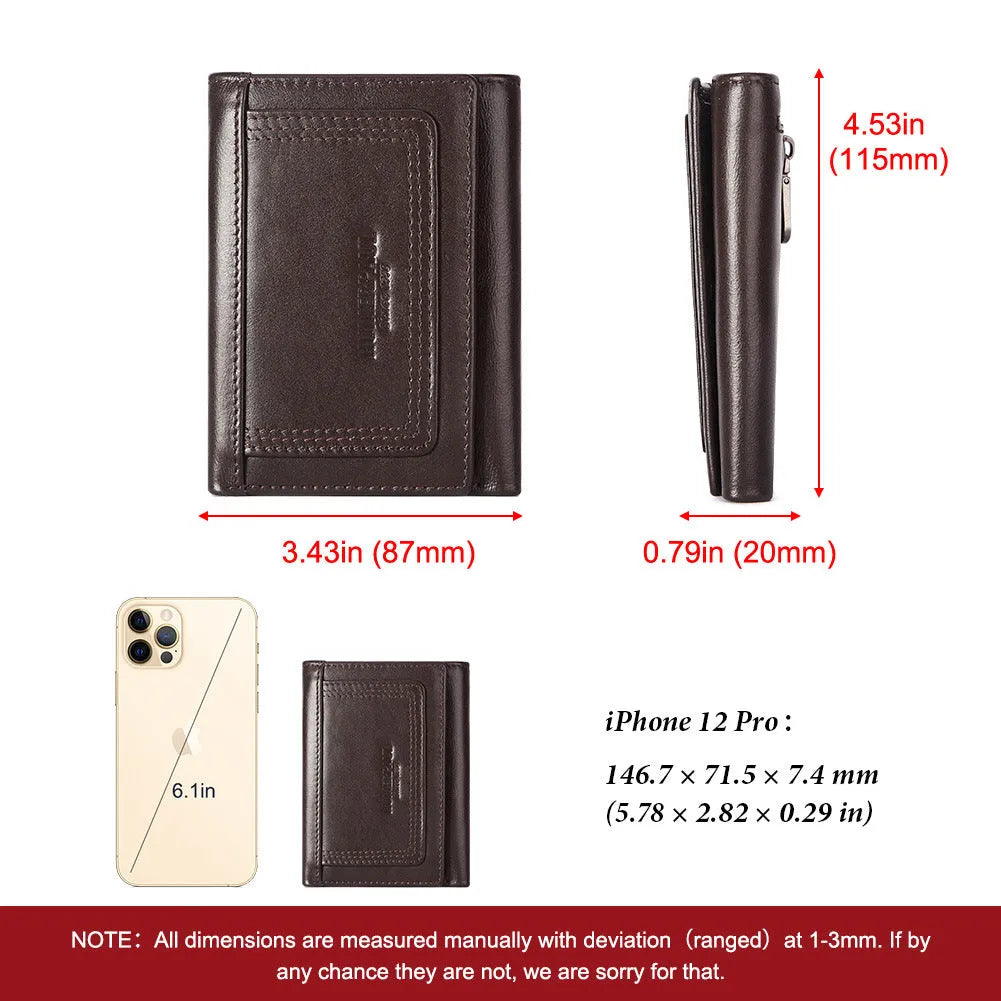 Multi-slot men's genuine leather zipper bag coin purse in brown with visible stitching and metal zipper