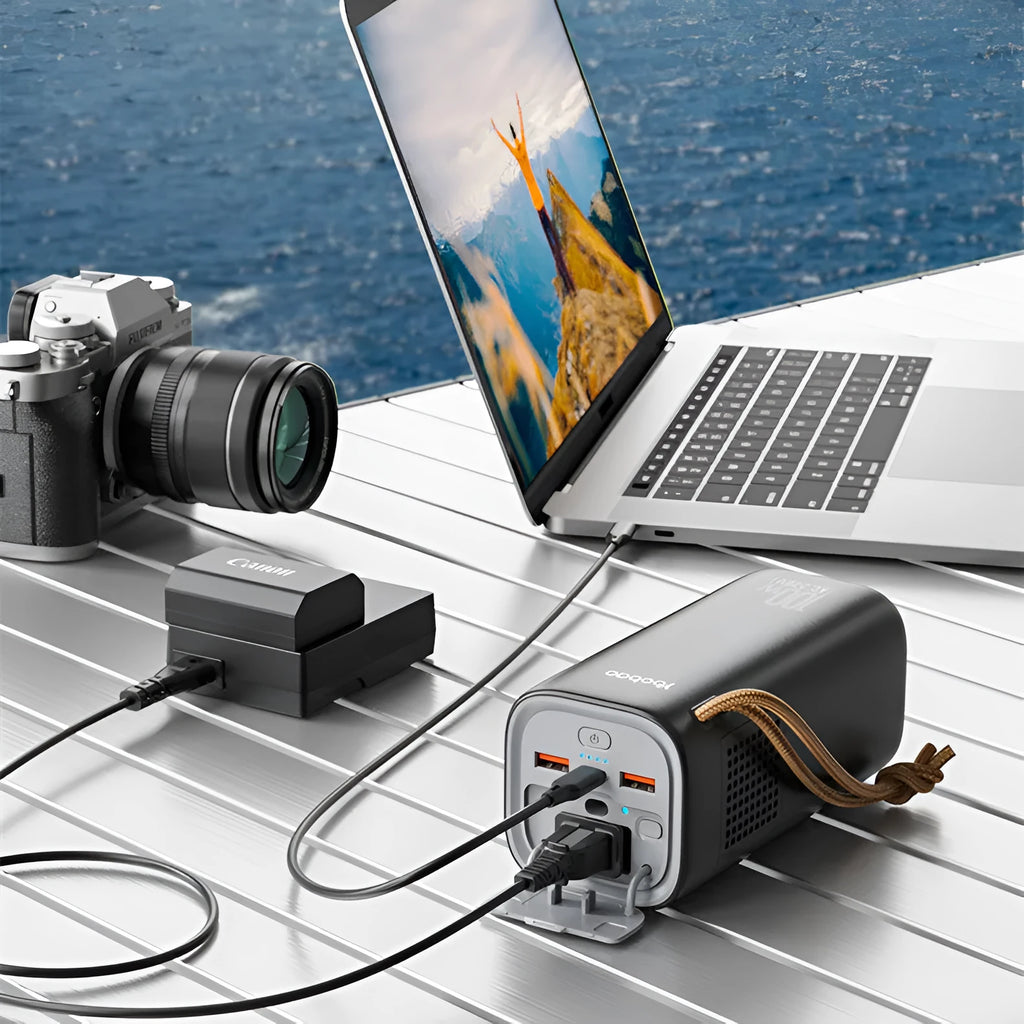 Black portable power bank with 220V AC outlet, USB ports, and solar charging panel.
