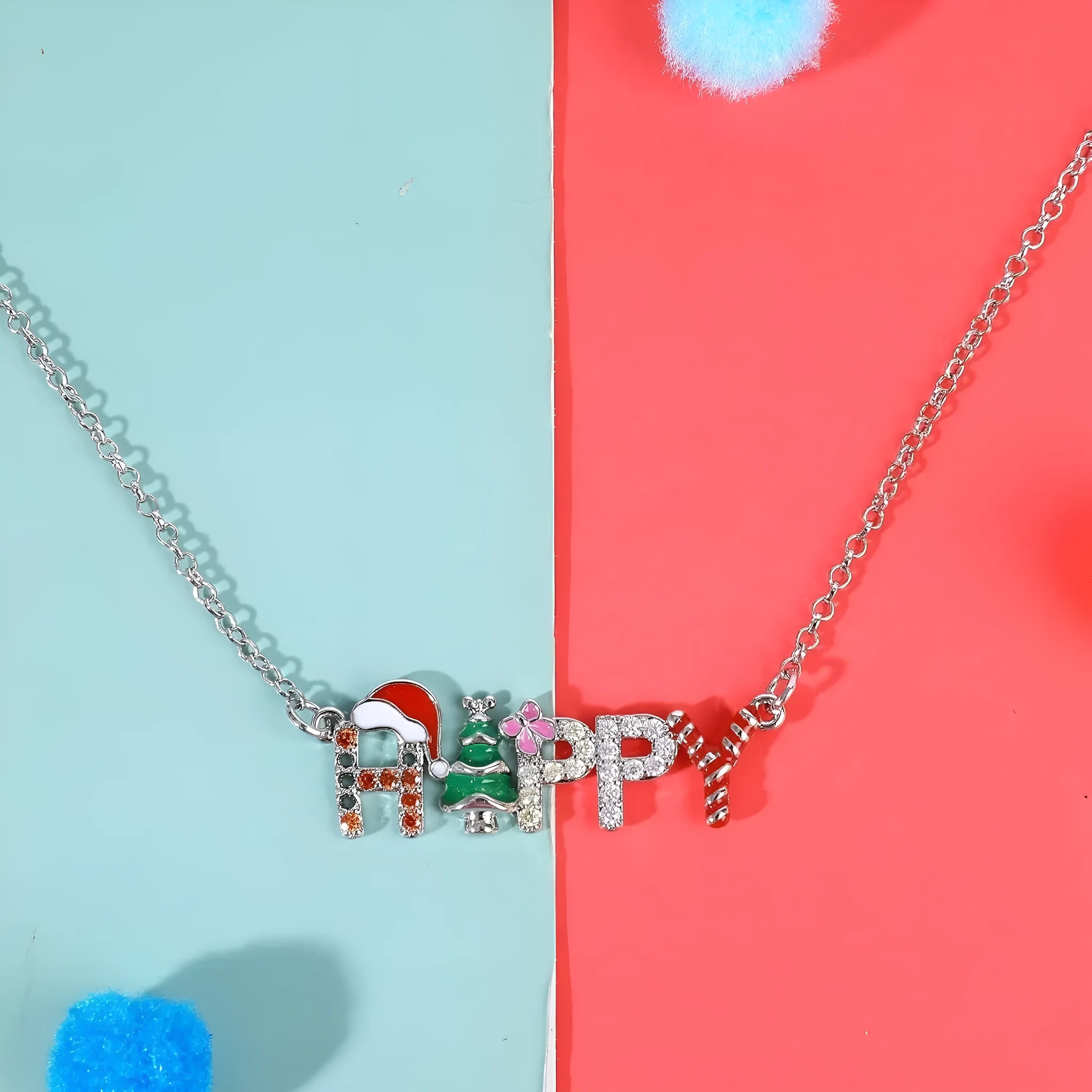 Santa Christmas Tree letter strings necklace with HAPPY text on alloy pendant regular chain