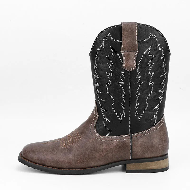 Men's black western style square toe motorcycle boots with artificial leather upper and rubber sole
