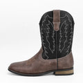 Men's black western style square toe motorcycle boots with artificial leather upper and rubber sole