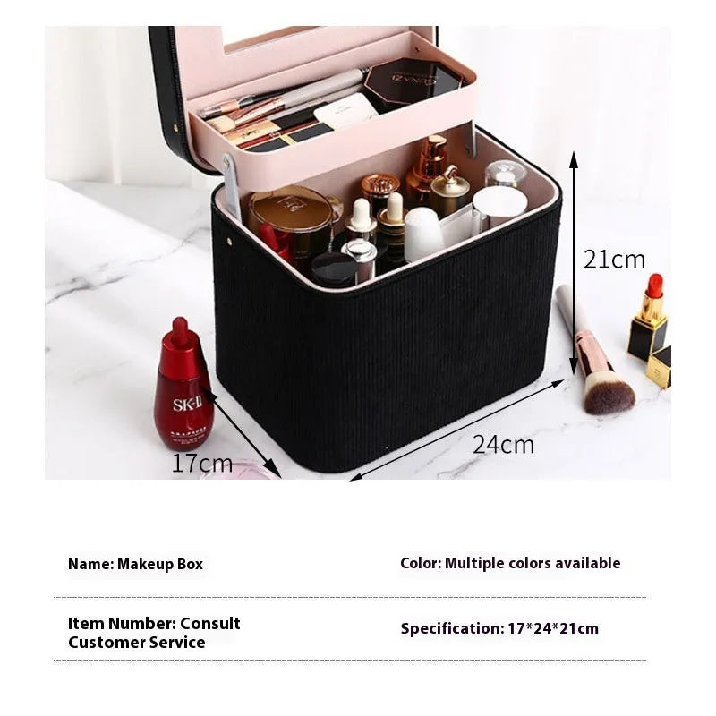 Solid colour corduroy cosmetic storage case with large capacity for home organisation.