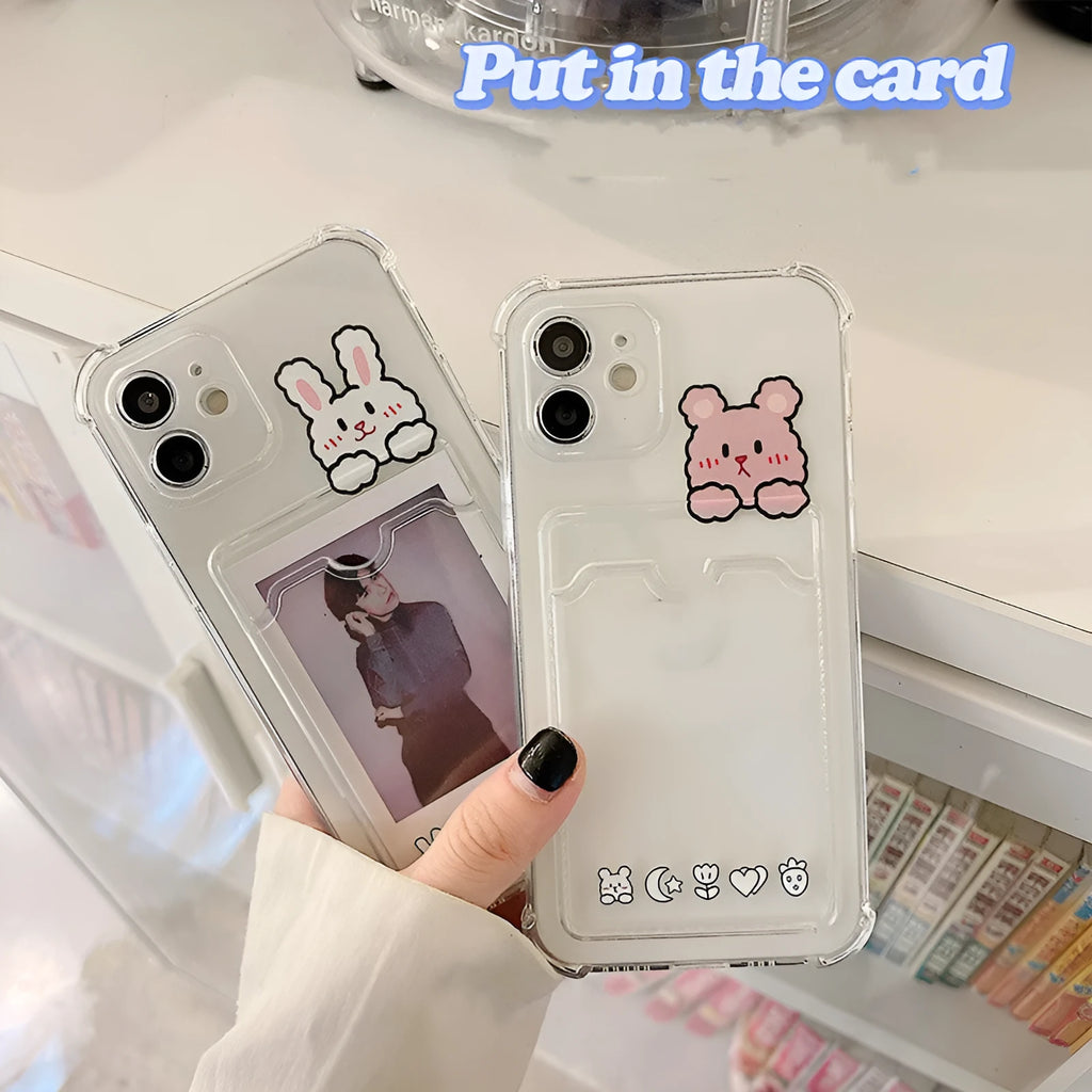 Transparent cartoon iPhone case with card holder slot on the back.