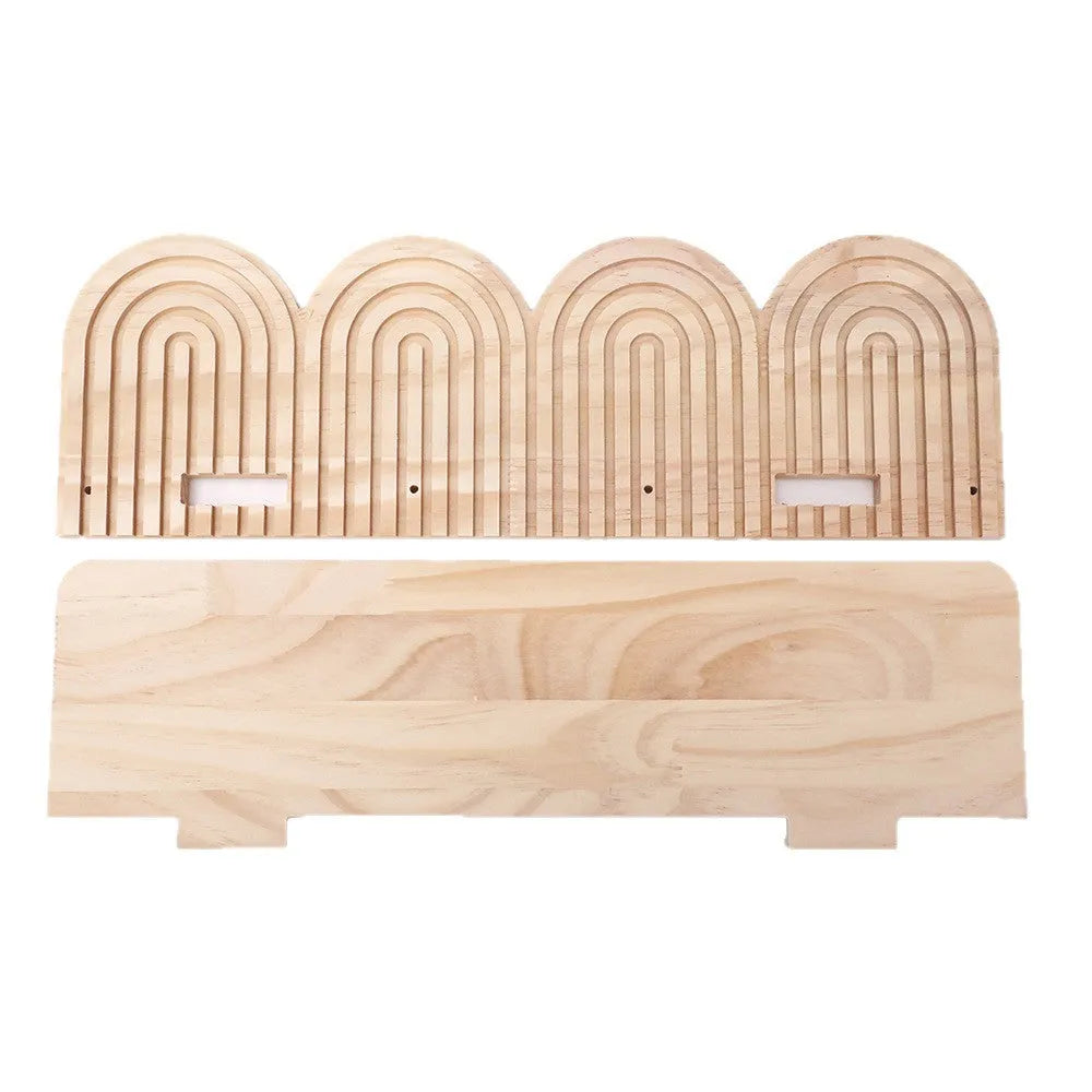 Solid wood multi-layer wall shelf holding several small potted plants.