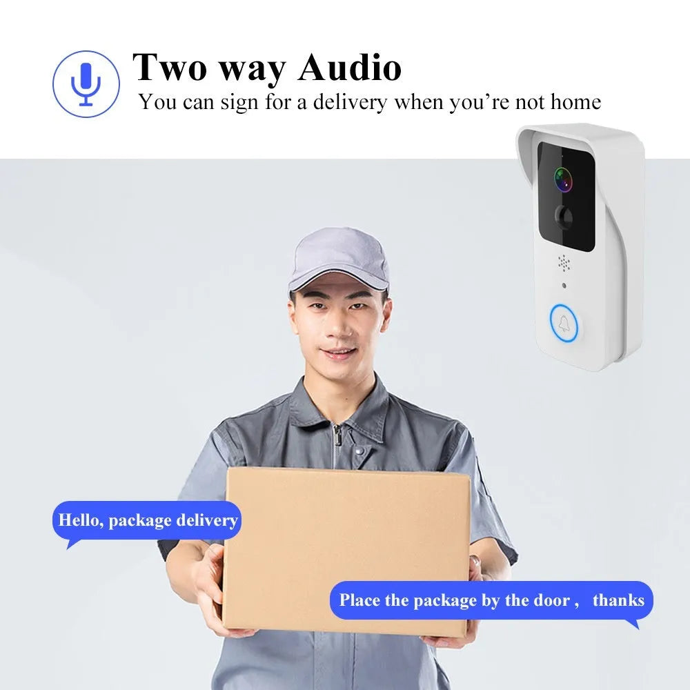 Smart home visual doorbell security camera with app push notification system and 18650 battery power.