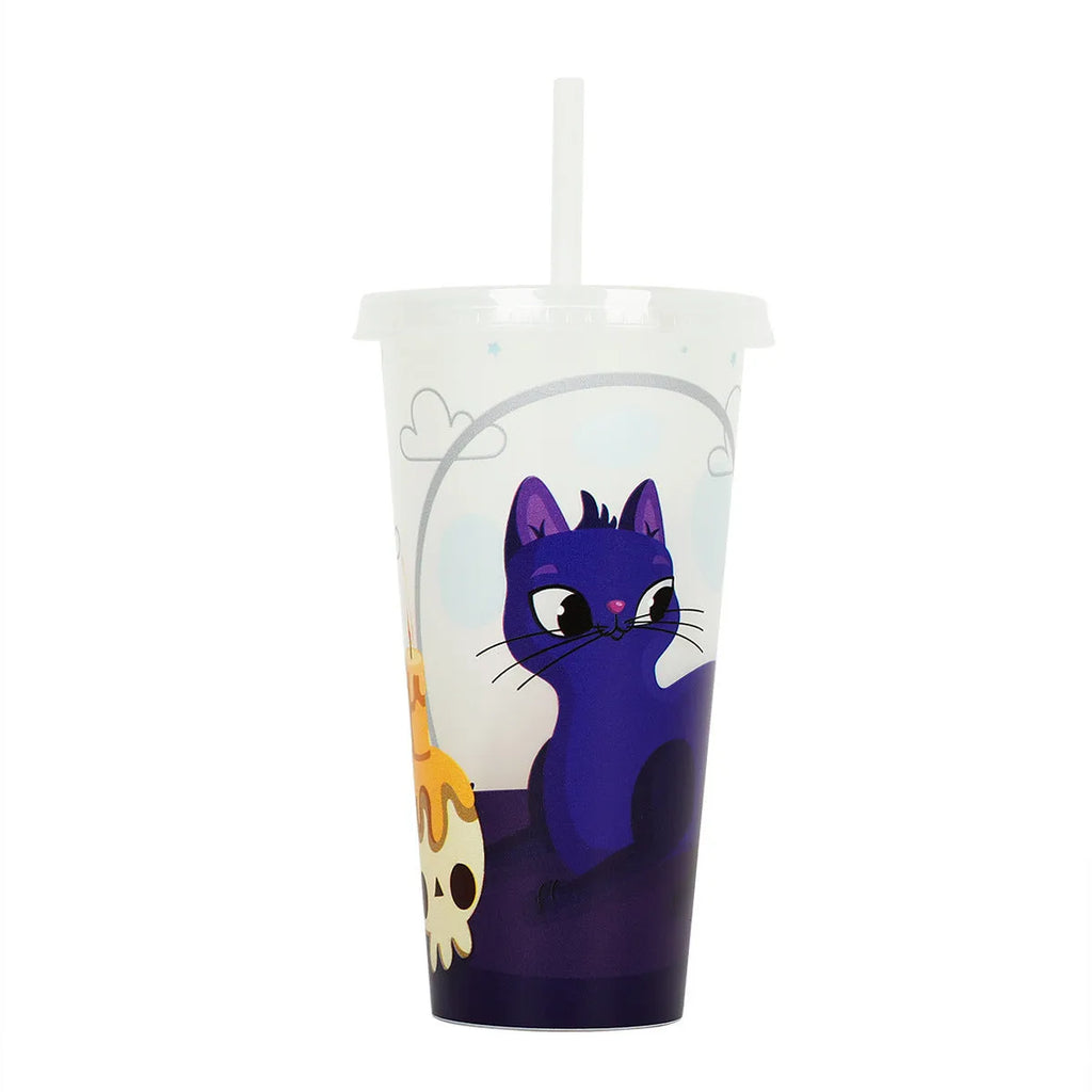 Halloween-themed 720ml plastic sippy cup with luminous straw in assorted colours.