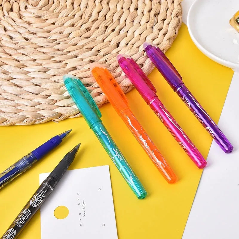 Heat-erasable gel pens with stainless steel nibs in 0.5mm and 0.7mm sizes