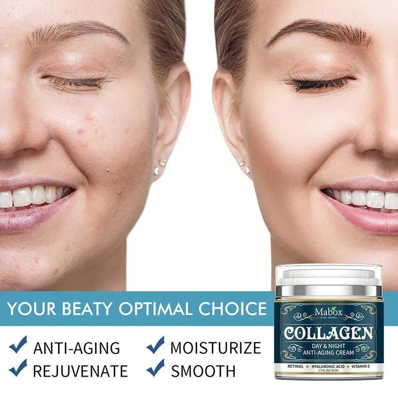 Blue jar of 50g Collagen Moisturizing Facial Cream with SPF10 for day and night use
