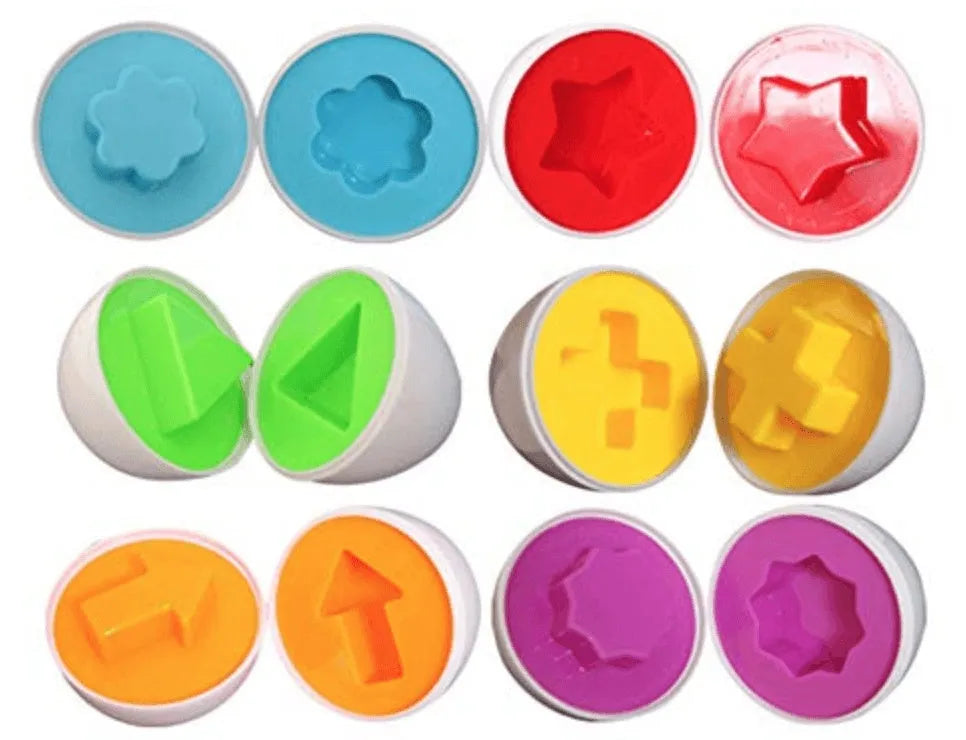 Children's educational twist egg toy set with 12 colourful dinosaur-themed plastic eggs in a drawstring bag
