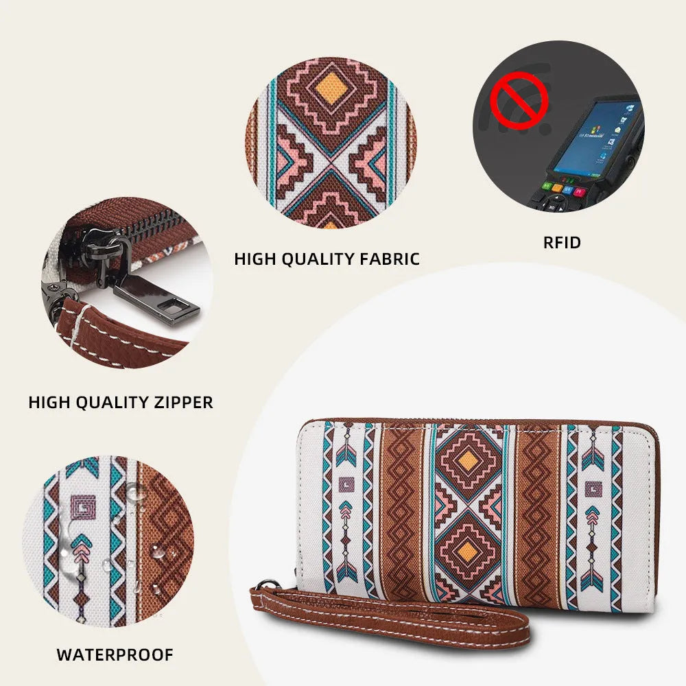 Bohemian striped canvas RFID wallet in multiple colours showing 20x10x2cm dimensions