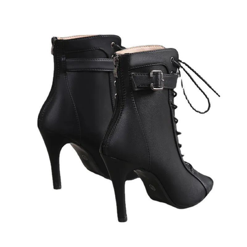 Women's black PU peep toe high heel pumps with lace-up buckle front and back zipper