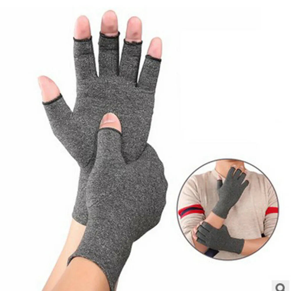 Grey half finger joint compression gloves with an anti-slip texture on the palm.