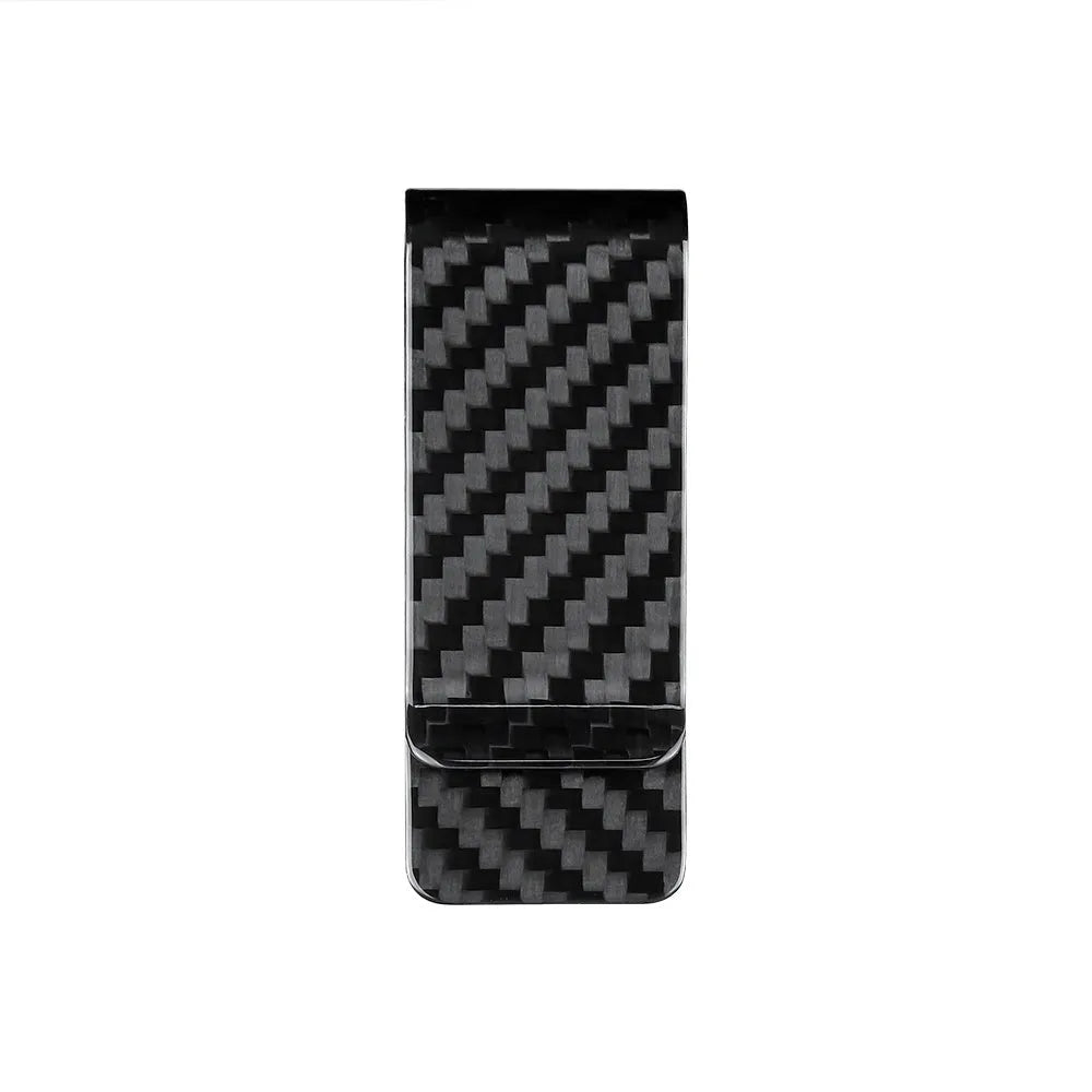 Black carbon fiber money clip with glossy striped surface, 7.1cm high, 2.8cm long, 1.3cm wide