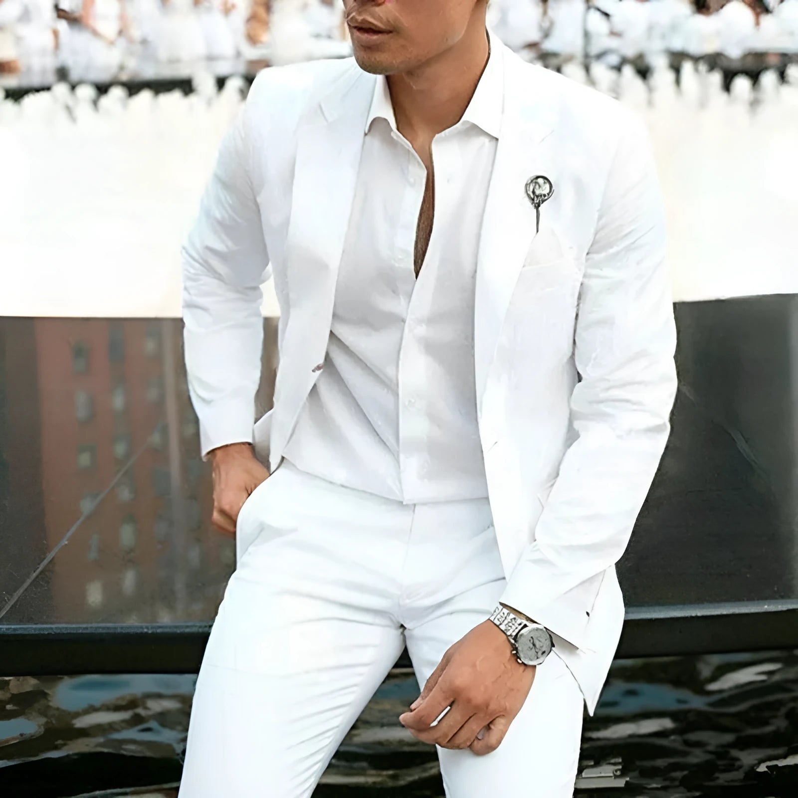 Men's white slim fit two-piece wedding suit on a hanger.