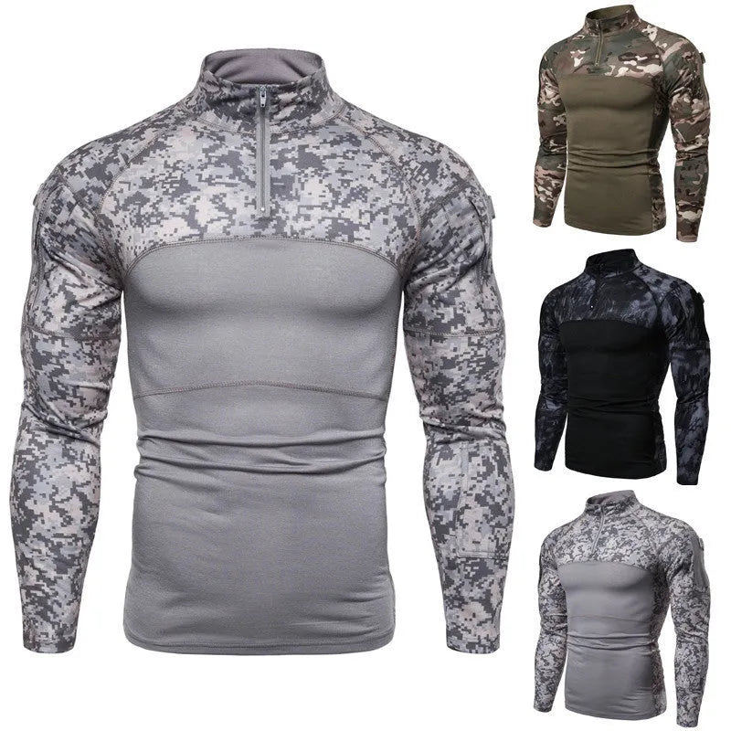 Camouflage panel zipper T-shirt in cotton blend, army green, grey or black, sizes L to XXXL