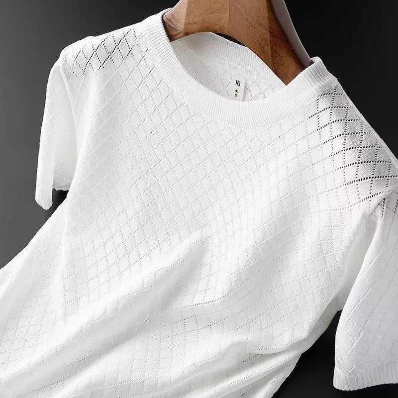 Men's black ice silk V-neck t-shirt with short sleeves on a hanger.