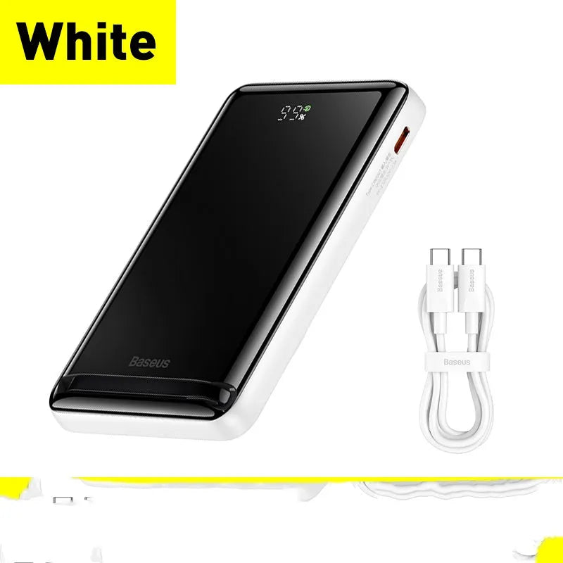 Blue 3-in-1 slim magnetic wireless power bank showing dimensions and USB charging cable