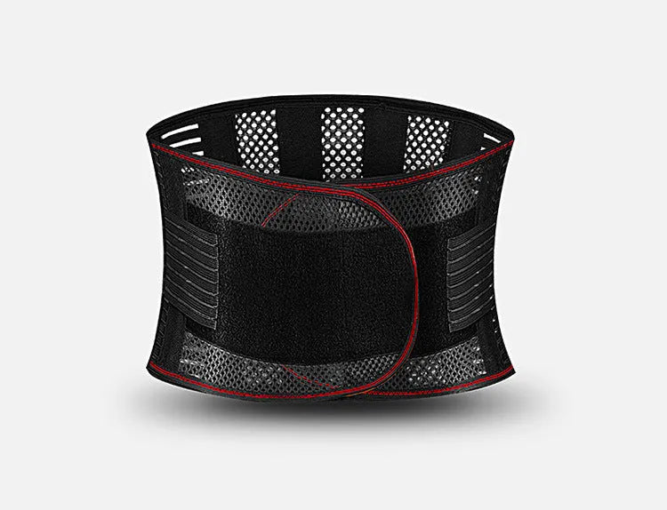 Black breathable sports waist support belt with an internal steel plate for lumbar protection during fitness activities.