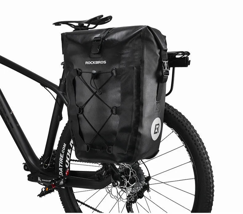 Waterproof bicycle bag in black or yellow, made from nylon cloth and waterproof fabric.