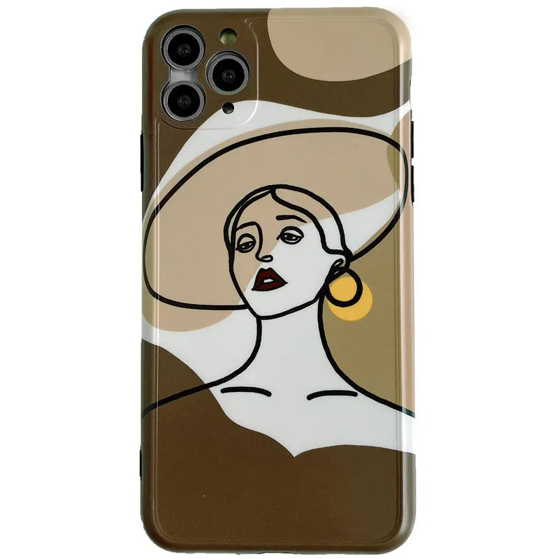 Orange yellow soft silicone iPhone case with cartoon line art graphic, shown fitted to an iPhone.