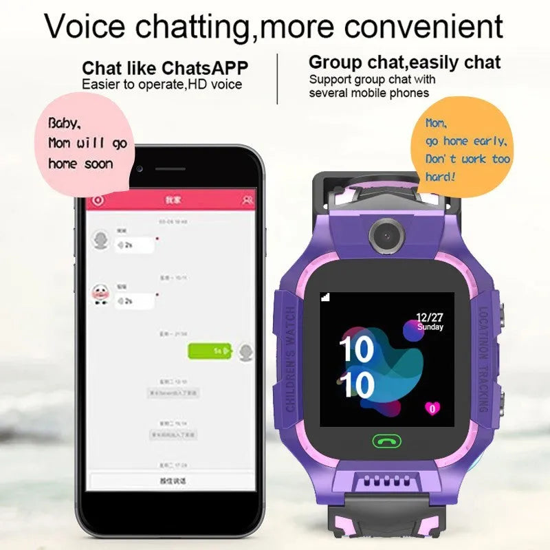 Children's smart watch with dual cameras, SOS button, and touch screen on a child's wrist