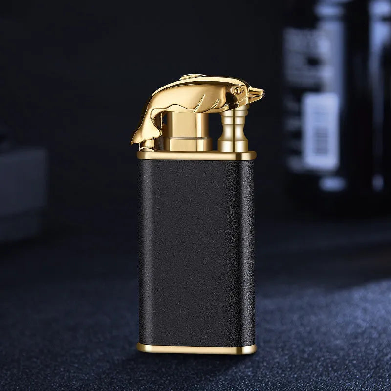 Creative blue flame lighter with windproof double fire and novelty dragon design, metal body