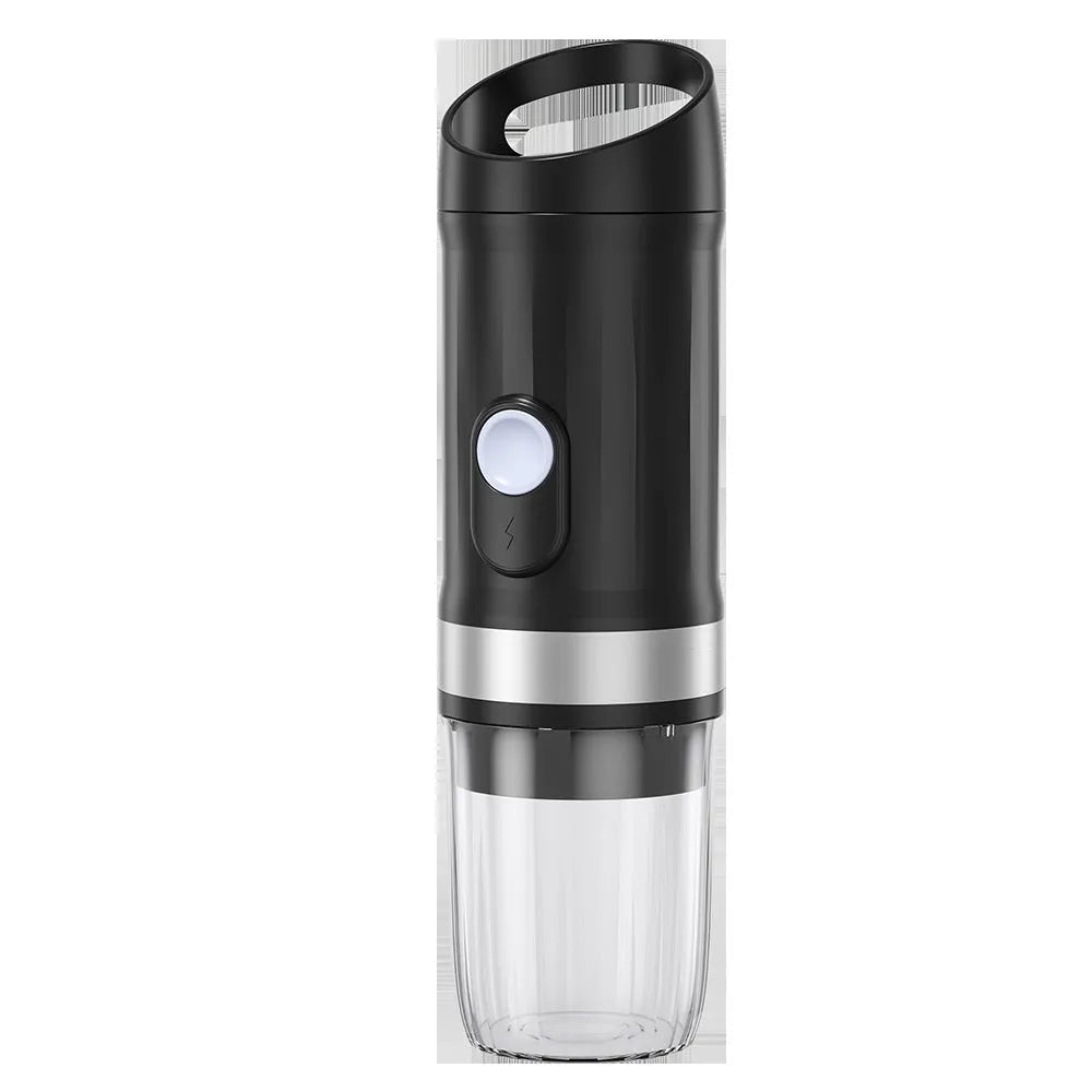 Portable capsule coffee machine in army green with ABS metal body and USB power cord, side view