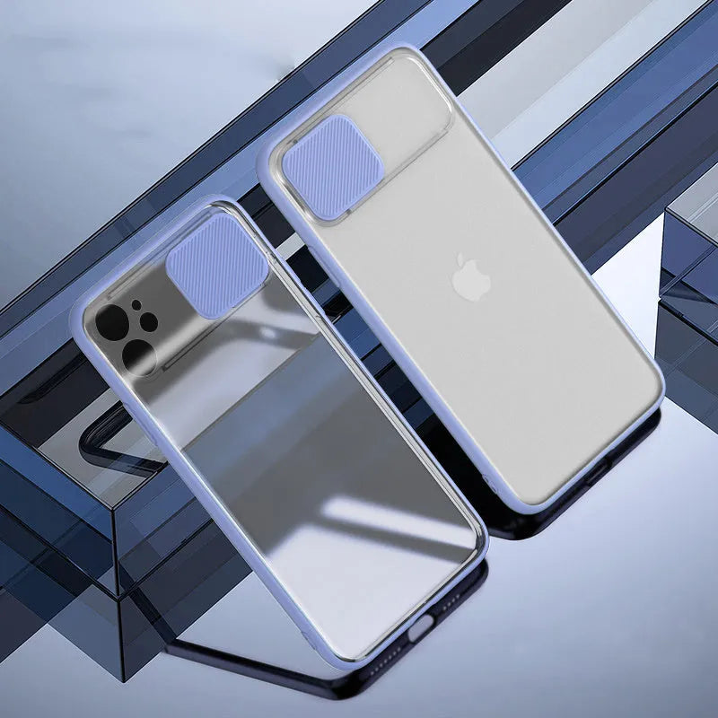 Minimalist iPhone case with sliding lens cover in colour contrast design