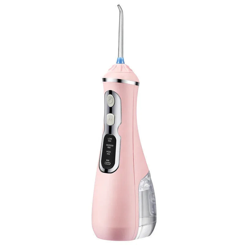 Portable oral irrigator water flosser in black, pink, or white with nozzle and USB cable