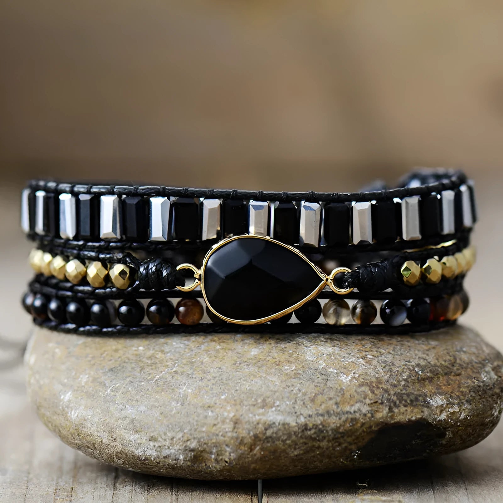 Handmade water drop obsidian bracelet on leather rope, French retro style, unisex jewellery