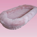 Oversized cloth dog bed with removable washable cover, available in coral pink, gradient grey, and gradient khaki