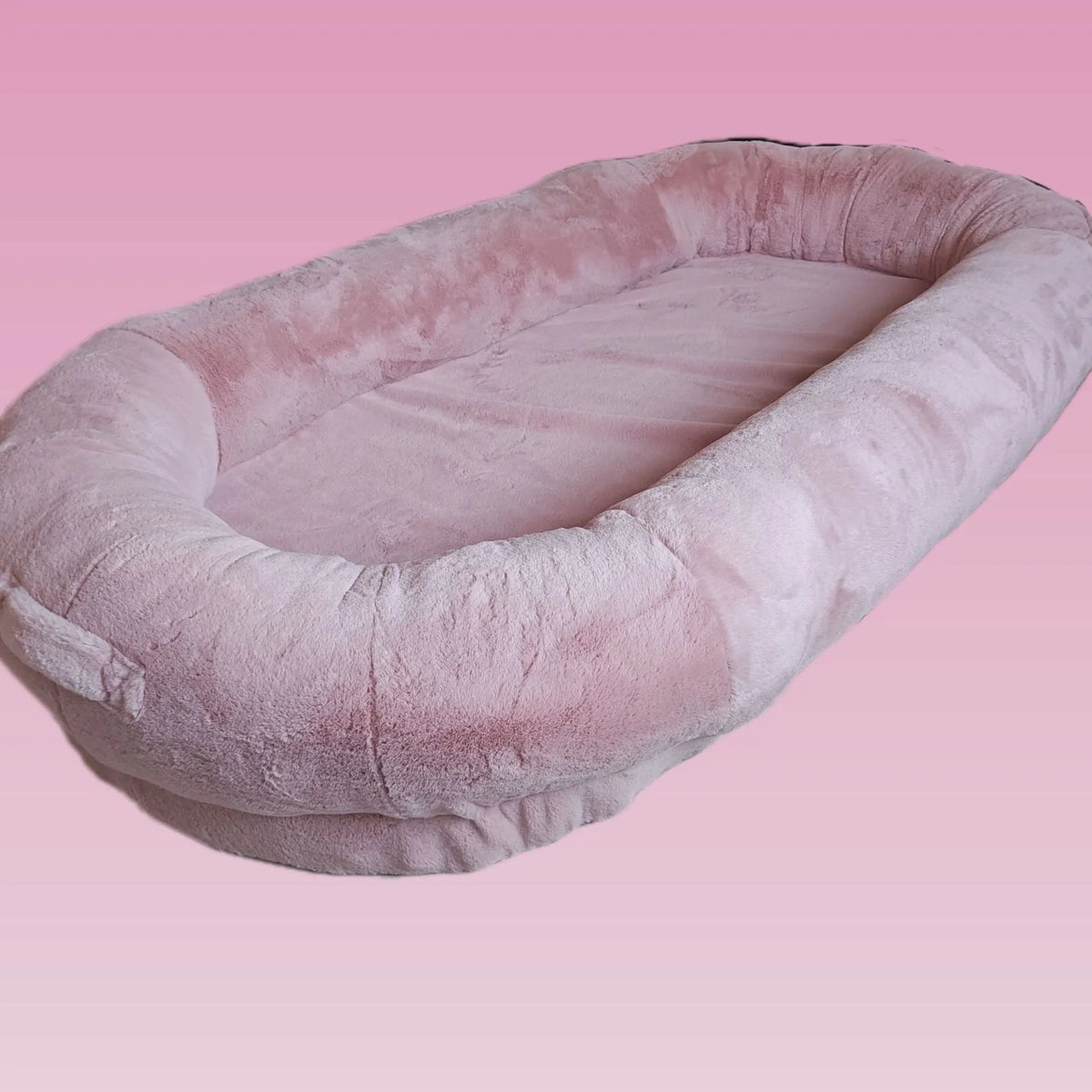 Oversized cloth dog bed with removable washable cover, available in coral pink, gradient grey, and gradient khaki