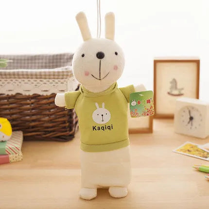 Soft plush rabbit pencil case in assorted colours showing large capacity for pens and pencils.