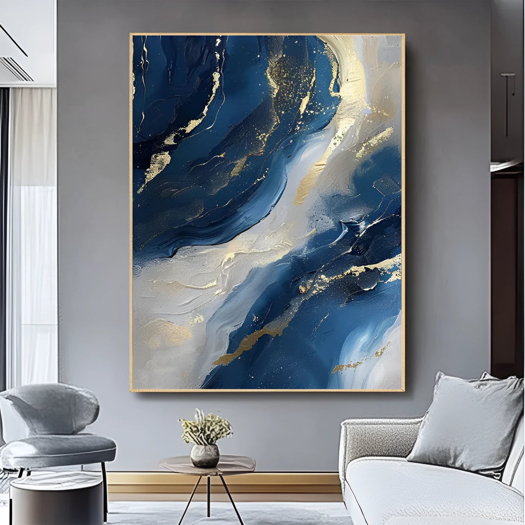 Handmade abstract oil painting in golden and blue on frameless vertical canvas, one panel, for living room wall decor