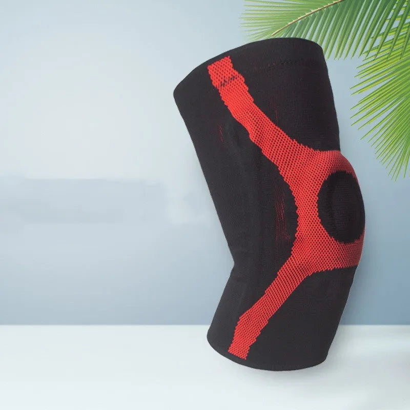 Silicone knitted sports kneecaps in grey and red colours for running and climbing protection