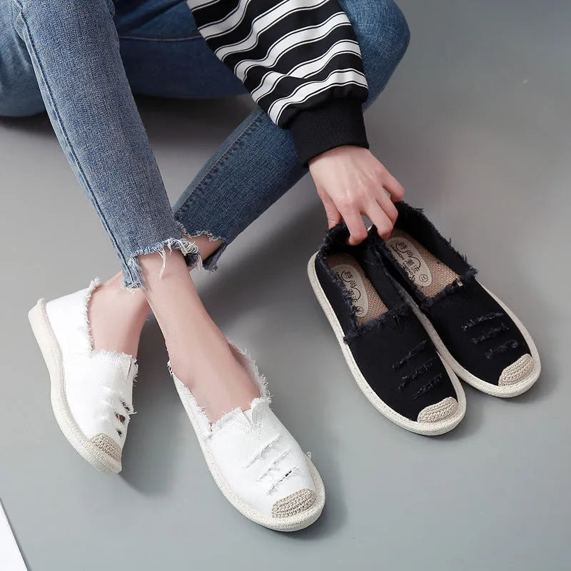 Canvas fisherman shoes for women, black slip-on flat heel low-top with rubber sole