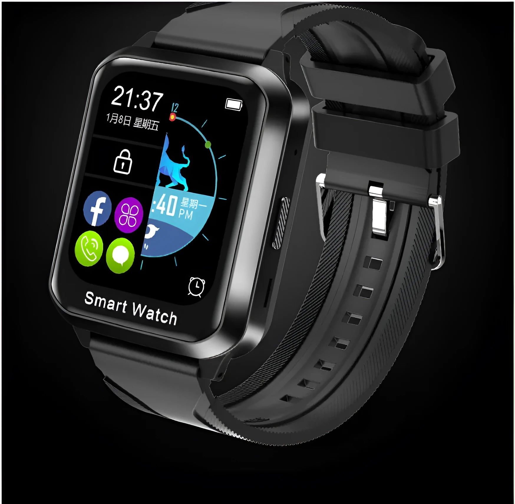 Bluetooth smart bracelet with split screen display on black silicone wristband showing password lock screen