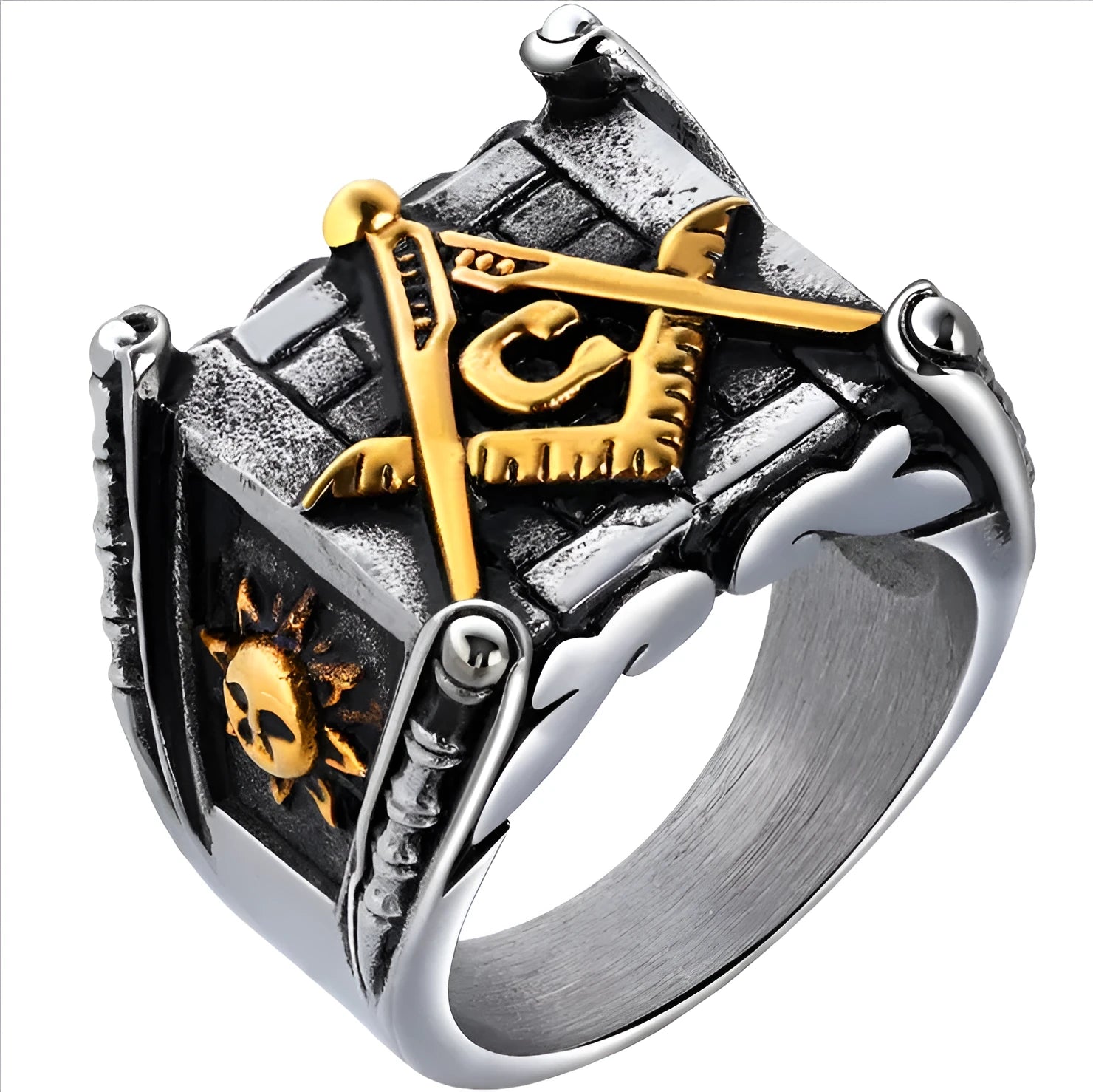 Handmade Masonic ring for men with sun and moon motifs, high-polish silver colour, size 10