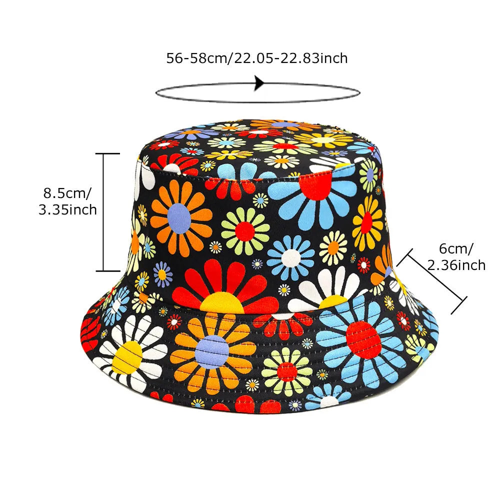 Colourful flower print polyester bucket hat with a dome crown, shown in size M.