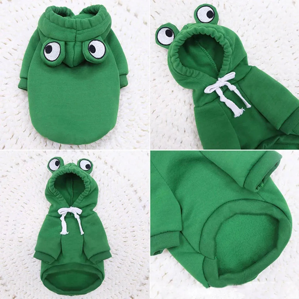 Green frog pattern pet hoodie for small dogs and cats with hood, showing chest girth measurement points