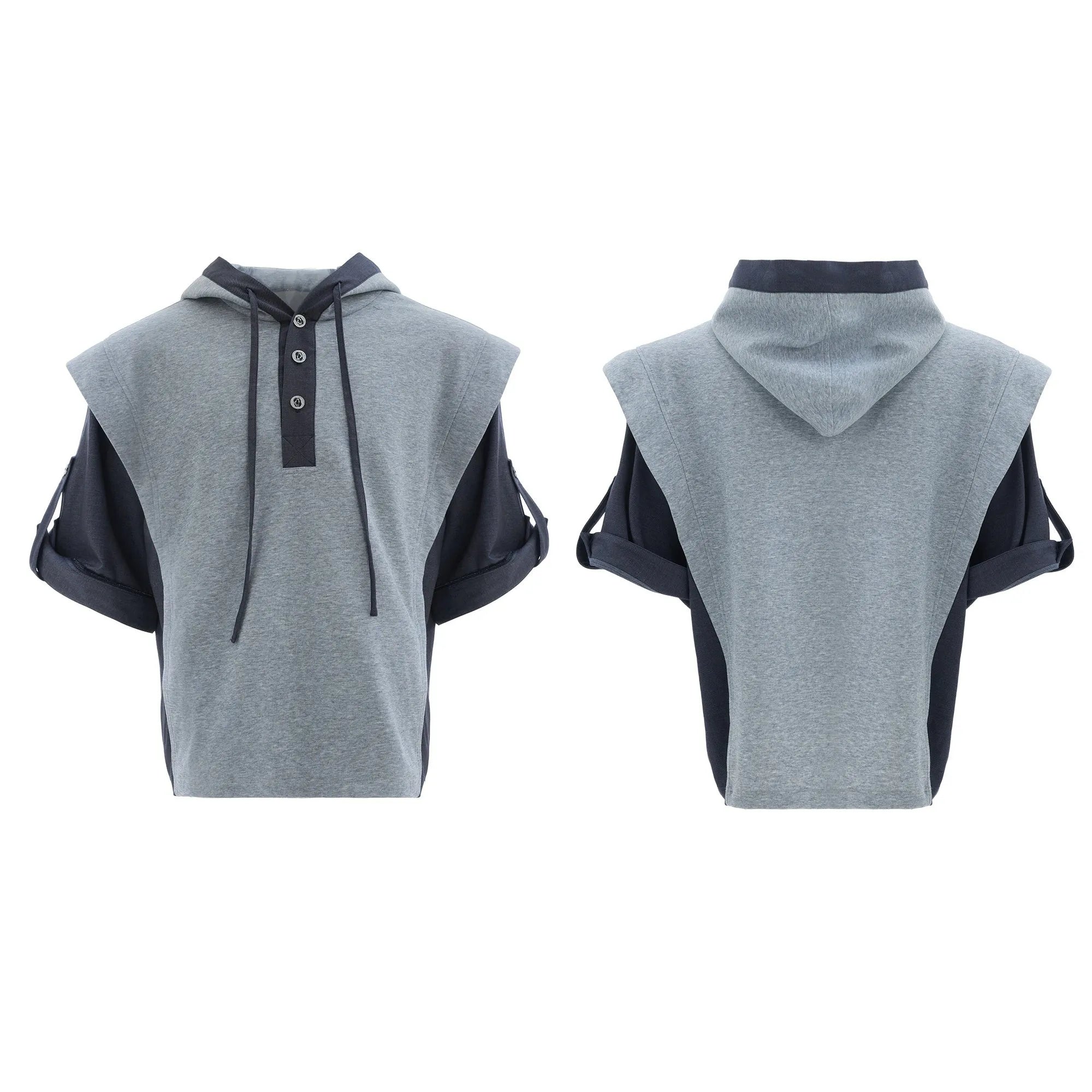 Men's black hooded polyester tracksuit with three-dimensional stitching on jacket and trousers