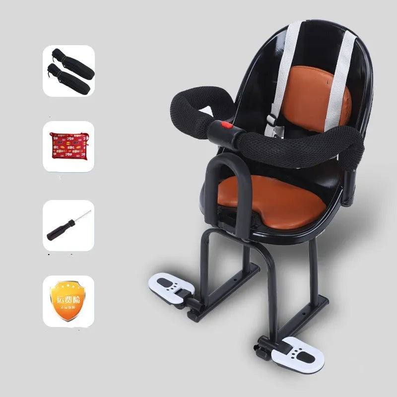 High carbon steel front child seat for battery scooter in red, white, or black.