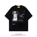 Men's black loose-fit pure cotton T-shirt with white printed letter design and raglan short sleeves.